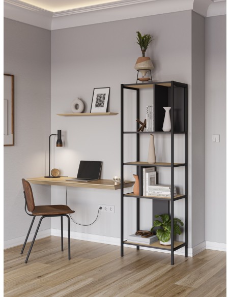 Estanteria de diseño ALABAMA 58 x 175, melamina roble y negro, base metal