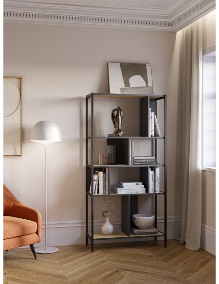 Prateleira design ALABAMA 88 x 175, melamina carvalho e preta, base em metal