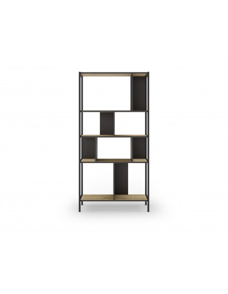 Estantería diseño ALABAMA 88 x 175, melamina roble y negro, base metálica