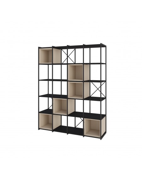 Prateleira ANYA design moderno 139 x 179, melamina preta, cubos creme, metal