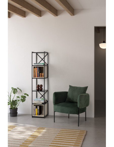 Prateleira design ANYA 36 x 179, melamina preta, cubos de creme, base de metal