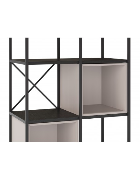 Estantería de diseño ANYA 70 x 179, melamina negro cubo crema, base metal