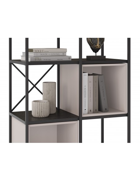 Estantería de diseño ANYA 70 x 179, melamina negro cubo crema, base metal
