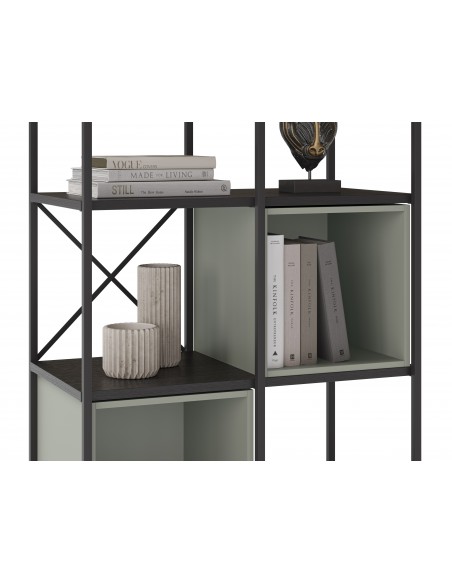 Estantería de diseño ANYA 70 x 179, melamina negro, cubo verde, metal