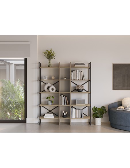 Prateleira design ARA 143 x 175, melamina preta e carvalho, base em metal