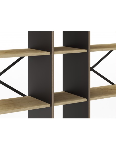 Prateleira design ARA 143 x 175, melamina preta e carvalho, base em metal
