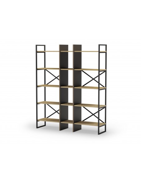 Estantería de diseño ARA 143 x 175, melamina roble y negro, base metal