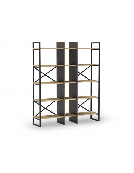 Estantería de diseño ARA 143 x 175, melamina roble y negro, base metal