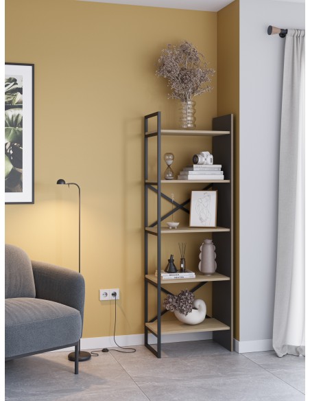 Estantería de diseño ARA 58 x 175, melamina roble y negro, base metal