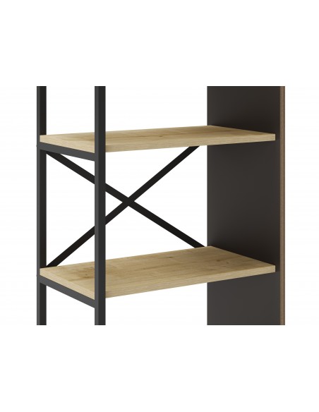 Estantería de diseño ARA 58 x 175, melamina roble y negro, base metal