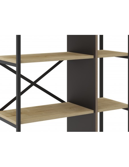 Estantería de diseño ARA 87 x 175, melamina roble y negro, base metal