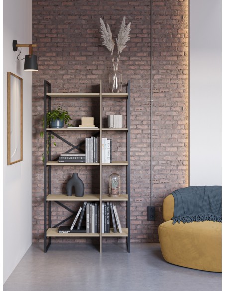 Estantería de diseño ARA 87 x 175, melamina roble y negro, base metal