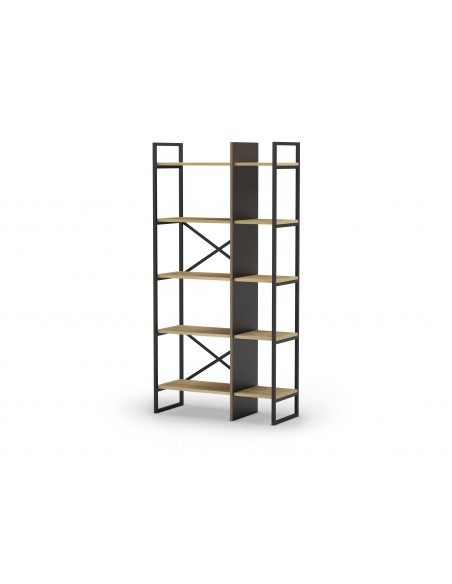 Estantería de diseño ARA 87 x 175, melamina roble y negro, base metal