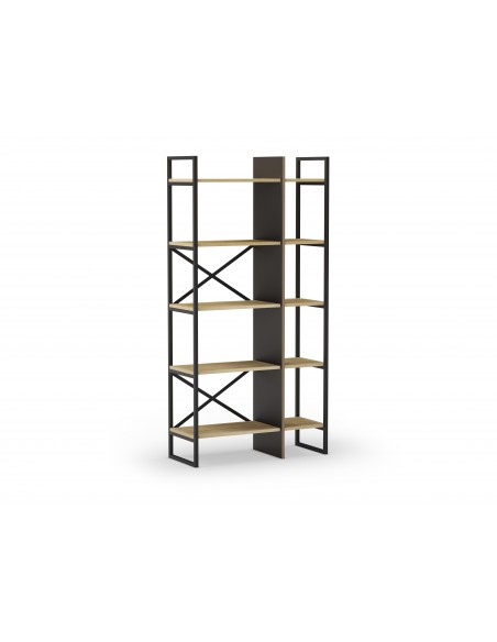 Estantería de diseño ARA 87 x 175, melamina roble y negro, base metal