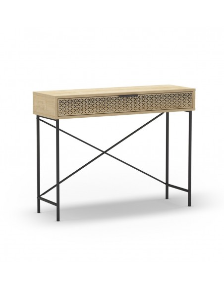 Consola moderna ECRIN 110 X 85, melamina carvalho e base em metal preto