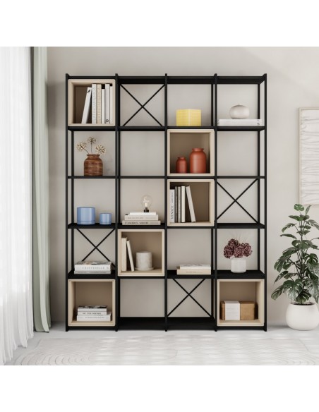 Prateleira ANYA design moderno 139 x 179, melamina preta, cubos creme, metal