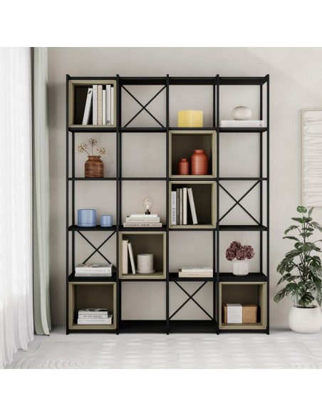 Estantería de diseño ANYA 139 x 179, melamina negro, cubo verde, metal