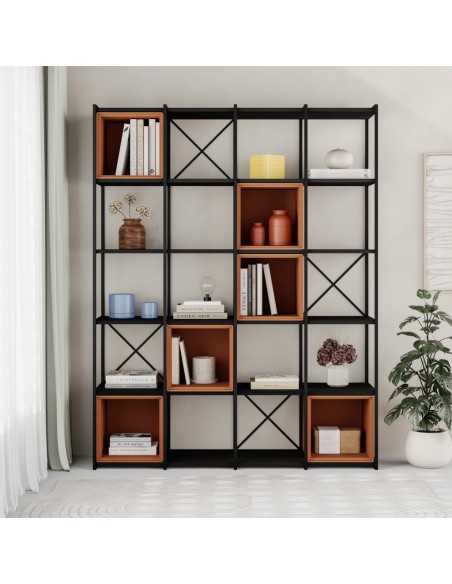 Estantería de diseño ANYA 139 x 179, melamina negro, cubo terracota, metal