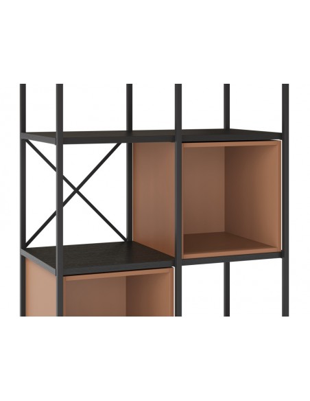 Prateleira design ANYA 70 x 179, melamina preta, cubo em terracota, base em metal