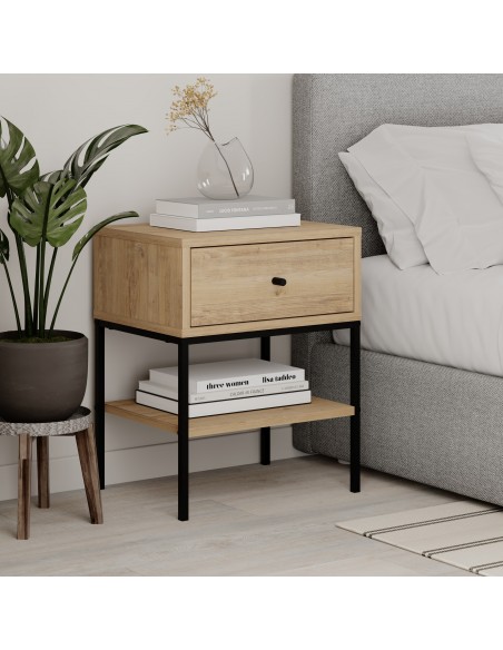 Mesita de noche LISA 45 X 56, melamina en roble y base metal negro