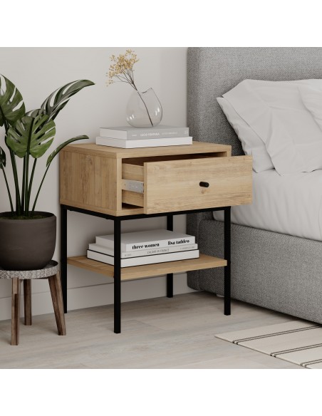 Mesita de noche LISA 45 X 56, melamina en roble y base metal negro