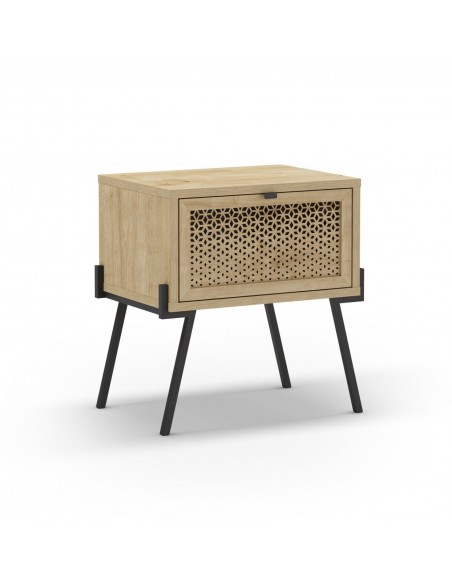 Mesa de cabeceira ECRIN 48 x 50, melamina carvalho e base em metal preto