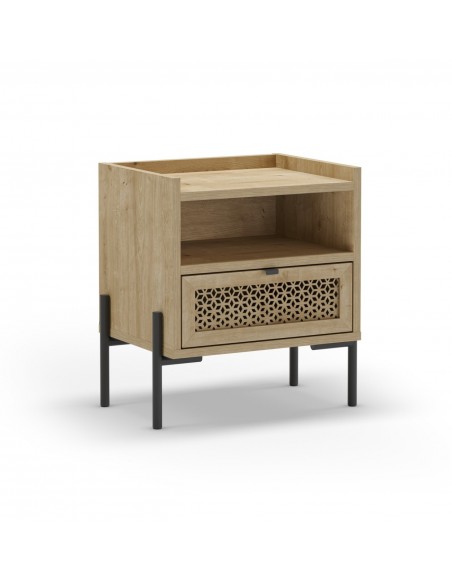 Mesa de cabeceira INCA 49 X 52, carvalho melamina e base em metal preto