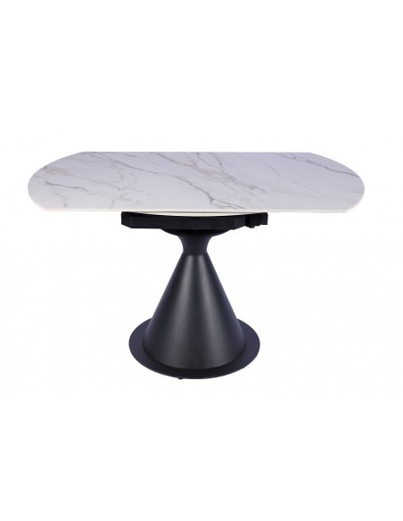 Mesa extensível giratória KORA 80 (130) x 75 (130), porcelânico branca e metal preto