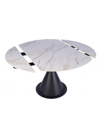 Mesa extensível giratória KORA 80 (130) x 75 (130), porcelânico branca e metal preto