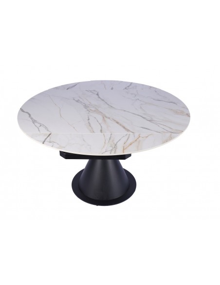 Mesa extensible giratorio KORA 80 (130) x 75 (130), porcelánico blanco y metal negro