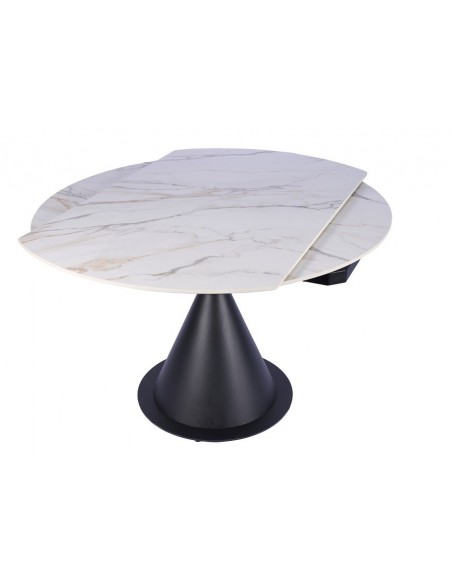 Mesa extensível giratória KORA 80 (130) x 75 (130), porcelânico branca e metal preto