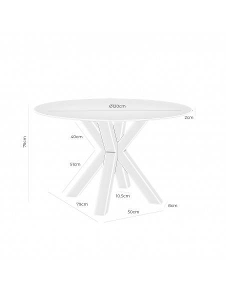 Mesa redonda de cristal Argo 120, base de acero en blanco