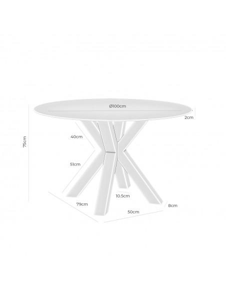 Mesa redonda de cristal Argo 100, base de acero en blanco