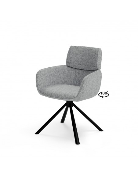 Silla giratoria con brazos DIANE tejido chenille gris y acero negro.