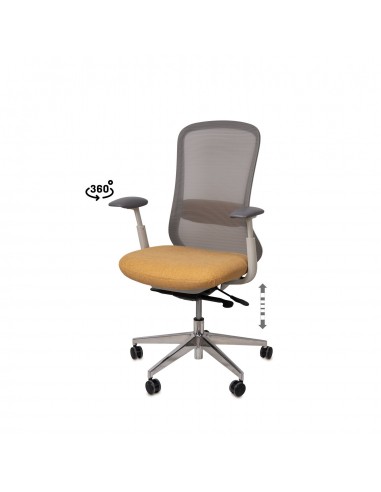 Silla oficina ergonómica EMORY, giratoria, tejido mostaza y malla gris