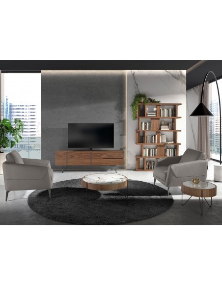 Angel Cerdá 2138, mesa de centro redonda 81 x 33, mármore porcelanato, nogueira e aço preto