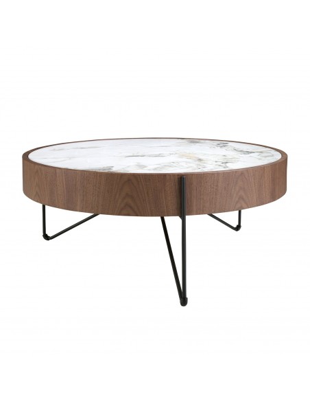Angel Cerdá 2138, mesa de centro redonda 81 x 33, mármore porcelanato, nogueira e aço preto