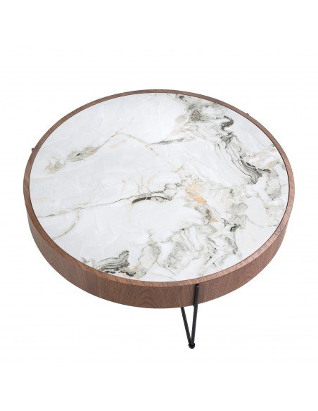 Angel Cerdá 2138, mesa de centro redonda 81 x 33, mármore porcelanato, nogueira e aço preto