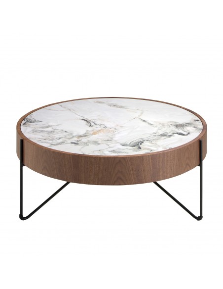 Angel Cerdá 2138, mesa de centro redonda 81 x 33, mármore porcelanato, nogueira e aço preto