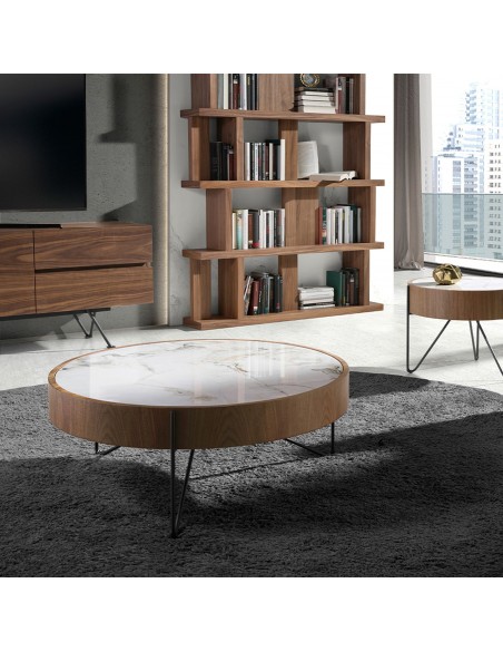 Angel Cerdá 2138, mesa de centro redonda 81 x 33, mármore porcelanato, nogueira e aço preto