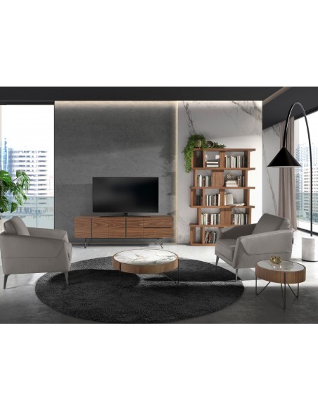 Angel Cerdá 2139, mesa de canto redonda 50 x 38, mármore porcelanato, nogueira e aço preto