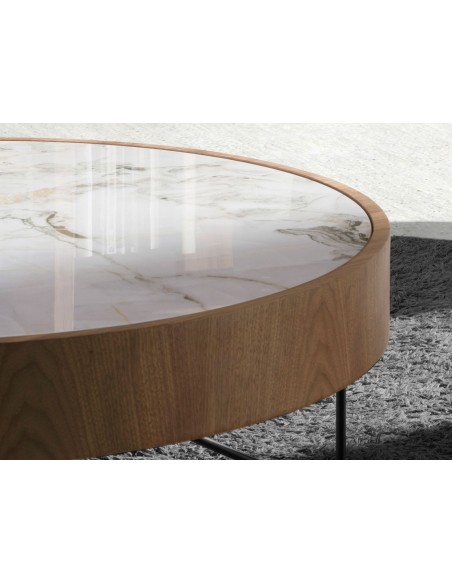 Angel Cerdá 2139, mesa de canto redonda 50 x 38, mármore porcelanato, nogueira e aço preto