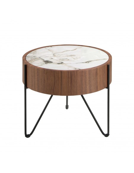 Angel Cerdá 2139, mesa de canto redonda 50 x 38, mármore porcelanato, nogueira e aço preto