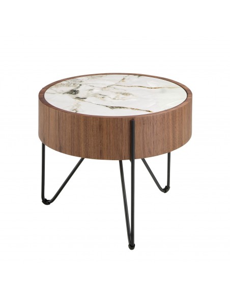 Angel Cerdá 2139, mesa de canto redonda 50 x 38, mármore porcelanato, nogueira e aço preto