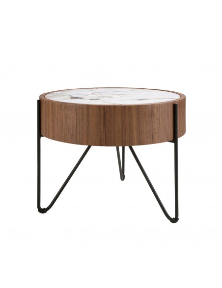 Angel Cerdá 2139, mesa de canto redonda 50 x 38, mármore porcelanato, nogueira e aço preto