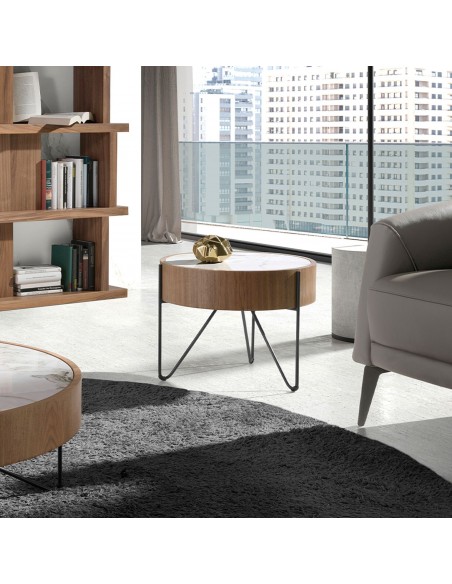 Angel Cerdá 2139, mesa de canto redonda 50 x 38, mármore porcelanato, nogueira e aço preto