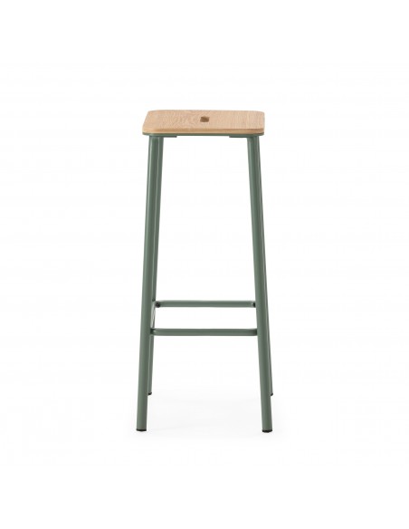 Taburete minimalista ABBA 65, metal aguamarina y asiento de madera roble