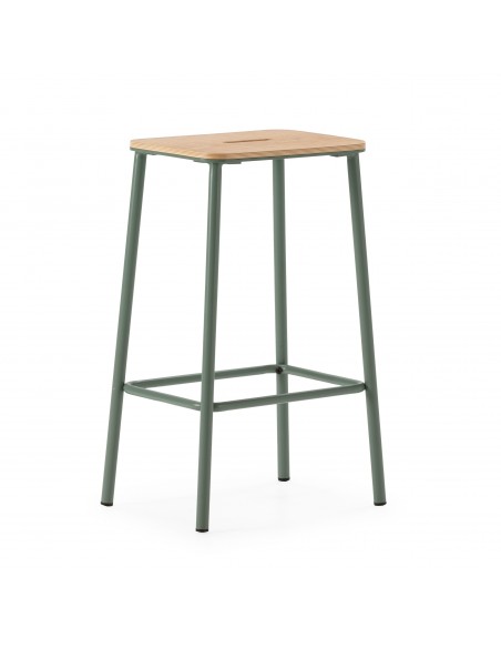 Taburete minimalista ABBA 65, metal aguamarina y asiento de madera roble