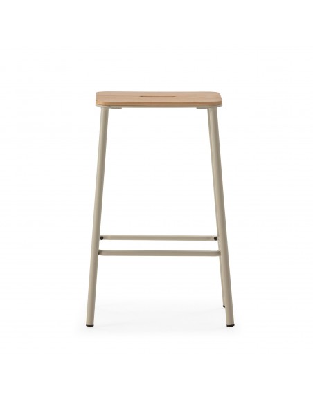Taburete minimalista ABBA 65, metal beige y asiento de madera roble
