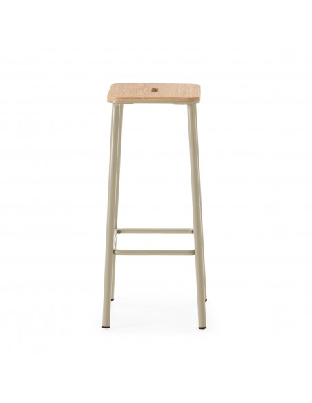 Taburete minimalista ABBA 65, metal beige y asiento de madera roble